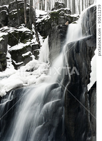 A small active waterfall. Clean mountain stream, snowy winter landscape, wildlife background A small active waterfall. Clean mountain stream, snowy winter landscape, wildlife background 91611239