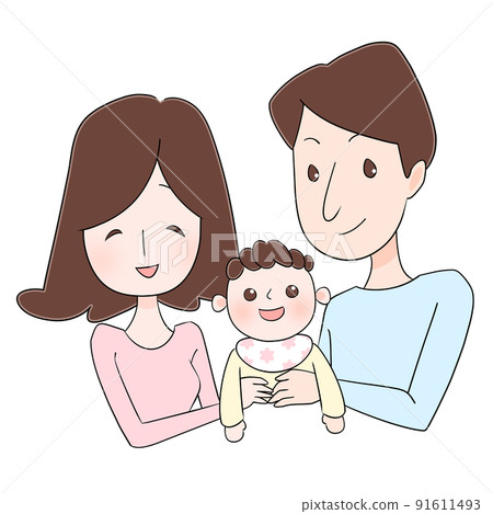 媽媽、寶寶和爸爸的插圖（黑線、花） 91611493