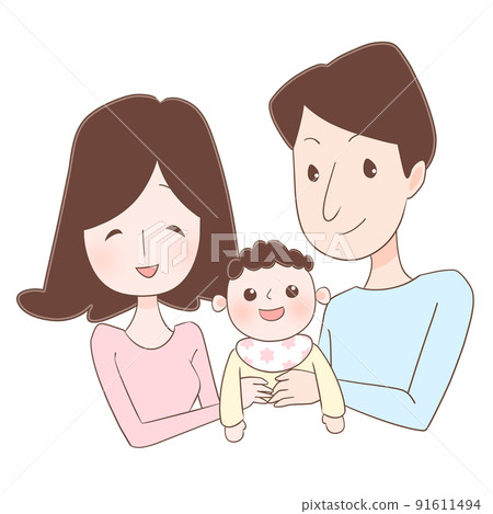 媽媽、寶寶和爸爸的插圖（棕色線、花） 91611494