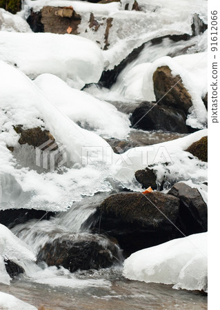 A small active waterfall. Clean mountain stream, snowy winter landscape, wildlife background A small active waterfall. Clean mountain stream, snowy winter landscape, wildlife background 91612066