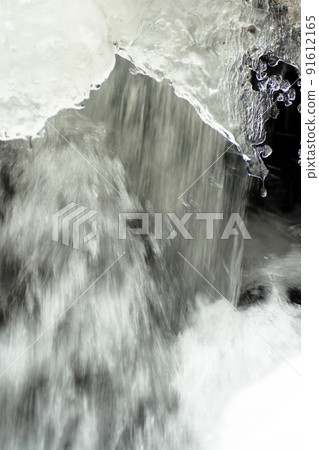 A small active waterfall. Clean mountain stream, snowy winter landscape, wildlife background A small active waterfall. Clean mountain stream, snowy winter landscape, wildlife background 91612165