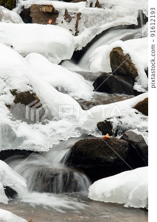 A small active waterfall. Clean mountain stream, snowy winter landscape, wildlife background A small active waterfall. Clean mountain stream, snowy winter landscape, wildlife background 91612193