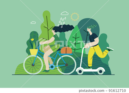 Ecology - Sustainable transport -Modern flat vector concept illustration of a young woman ridyng bycycle and a man on the scooter. Ecological transport metaphor. Creative landing web page template Ecology - Sustainable transport -Modern flat vector concept illustration of a young woman ridyng bycycle and a man on the scooter. Ecological transport metaphor. Creative landing web page template 91612710