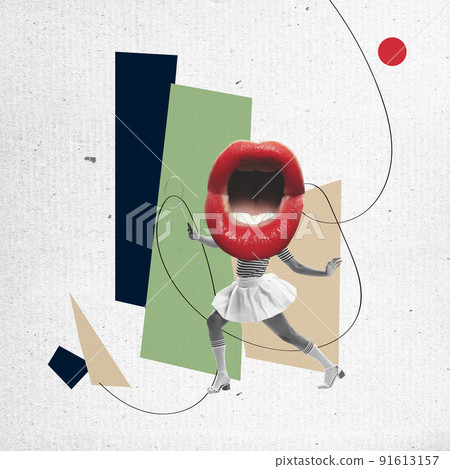 Composition with woman in retro style outfit with big mouth over abstract background. Contemporary art collage. Ad, surrealism, imagination, inspiration. Composition with woman in retro style outfit with big mouth over abstract background. Contemporary art collage. Ad, surrealism, imagination, inspiration. 91613157