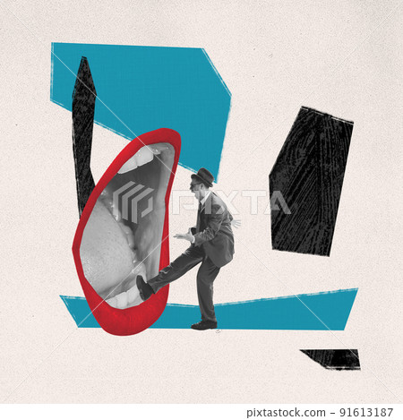 Composition with man in retro style outfit steps into large open mouth abstract background. Contemporary art collage. Ad, surrealism, imagination, inspiration. 91613187