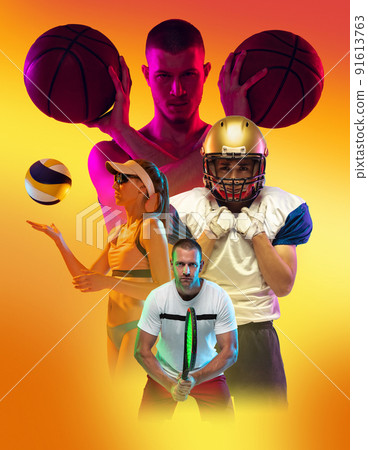 Poster with professional sportsmen, tennis, american football, basketball and beach volleyball players over yellow background in pink neon light. 91613763