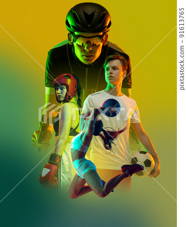 Composite image with young professional sportsmen, soccer player, boxer, cyclist and fitness girl over green yellow background in neon light. 91613765