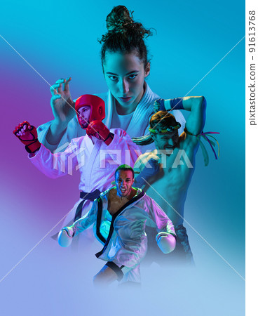 Collage with professional sportsmen, male and female boxer, kickboxer and judo fighters over blue background in neon light. Poster for sport event Collage with professional sportsmen, male and female boxer, kickboxer and judo fighters over blue background in neon light. Poster for sport event 91613768