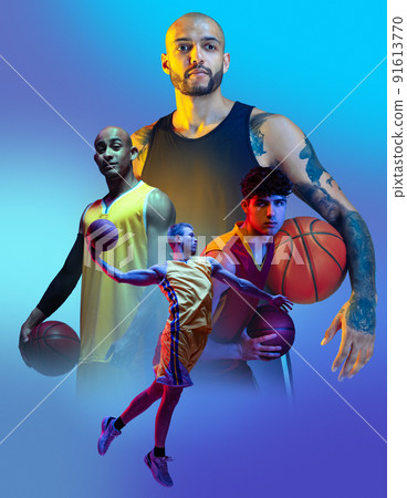 Composite image with professional sportsmen, male basketball players over blue background in neon light. Poster for sports event 91613770