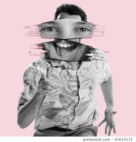 Contemporary art collage. cheerful stylish man with emotive face part element isolated on pink background. Excited Contemporary art collage. cheerful stylish man with emotive face part element isolated on pink background. Excited 91614172