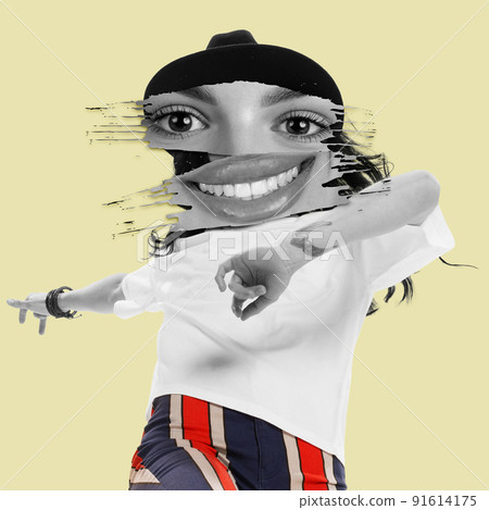 Contemporary art collage. Emotive young woman with cheerful face elements dancing isolated on yellow background 91614175