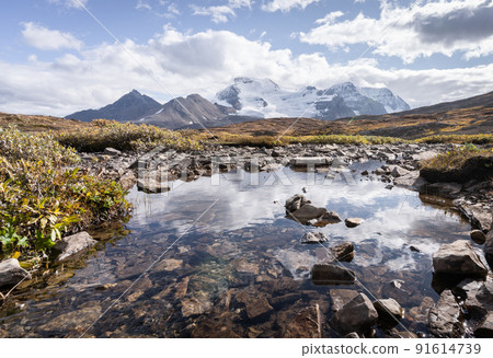 Big mountain covered by snow and glacier with alpine pond in front of it, Jasper N.Park, Canada 91614739