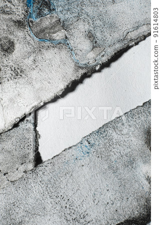 Copy space for text. Aged paper background. Torn edge frame. Black blue ink dust stains on white aged frayed abstract art texture with blank center for logo. 91614803