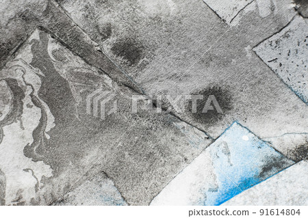 Aged dirty paper. Old texture background. Worn sheet layers. Black blue paint defect on white rough ragged edge retro art abstract surface with free space. 91614804