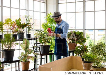 An elderly man handsome with have mustache wearing glasses is happy with tree care. is a hobby of gardening at home, living happily after retirement. Concepts nature and environment An elderly man handsome with have mustache wearing glasses is happy with tree care. is a hobby of gardening at home, living happily after retirement. Concepts nature and environment 91614921