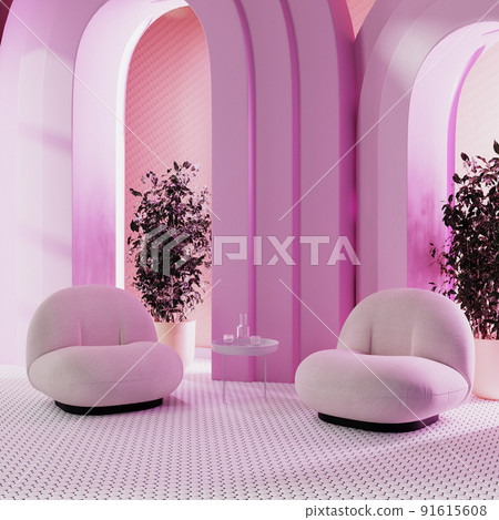 Pink room with neon lighh and arches with plant in pot, design chairs with coffee table with glasses with water, 3d rendering 91615608