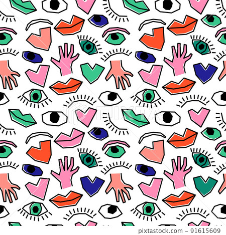 Seamless pattern body parts pattern heart eye lips oneline style on white line color Seamless pattern body parts pattern heart eye lips oneline style on white line color 91615609