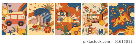 70s groovy posters with retro bus, groovy sun, colorful rainbow, girl, flowers and leaves. Psychedelic poster in vintage style. Abstract digital poster. Vector illustration. 91615851