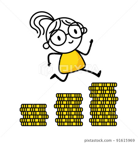 Woman jumping to golden stack coins for her financial independence. Financial planning for the future. Vector stock illustration Woman jumping to golden stack coins for her financial independence. Financial planning for the future. Vector stock illustration 91615969