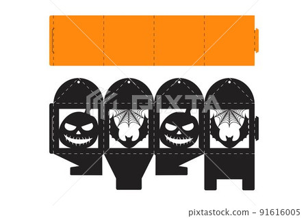 Halloween treat box with scary pumpkin. Jack-o-lantern facial gift party packaging for sweet, candies, small present, bakery. Simple package die cut template for laser cut. Vector stock illustration Halloween treat box with scary pumpkin. Jack-o-lantern facial gift party packaging for sweet, candies, small present, bakery. Simple package die cut template for laser cut. Vector stock illustration 91616005