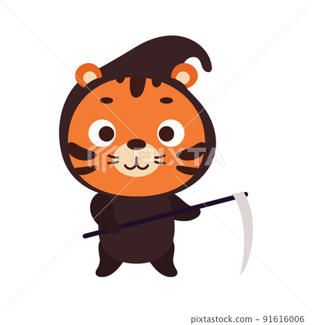 Cute little Halloween tiger in a grim Reaper costume. Cartoon animal character for kids t-shirts, nursery decoration, baby shower, greeting card, invitation, house interior. Vector stock illustration 91616006