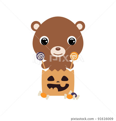 Cute Halloween bear sitting in a trick or treat bag with candies. Cartoon animal character for kids t-shirts, nursery decoration, baby shower, greeting card, invitation. Vector stock illustration 91616009