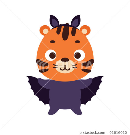 Cute little Halloween tiger in a bat costume. Cartoon animal character for kids t-shirts, nursery decoration, baby shower, greeting card, invitation, house interior. Vector stock illustration Cute little Halloween tiger in a bat costume. Cartoon animal character for kids t-shirts, nursery decoration, baby shower, greeting card, invitation, house interior. Vector stock illustration 91616010