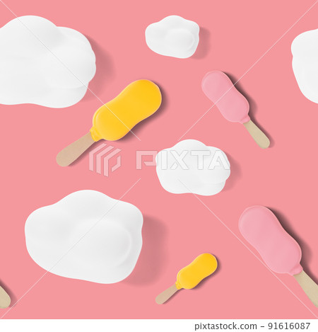 Seamless pattern with clouds and ice cream on pink background. Colorful summer background, texture. Top view. Eye-catching design. 3d rendering. 91616087