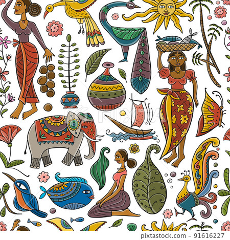 Tropical life, fairy nature background. Art with women, birds and elephant. Frame for your design 91616227