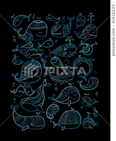Wild whales collection. Childish style vertical frame for your design 91616233