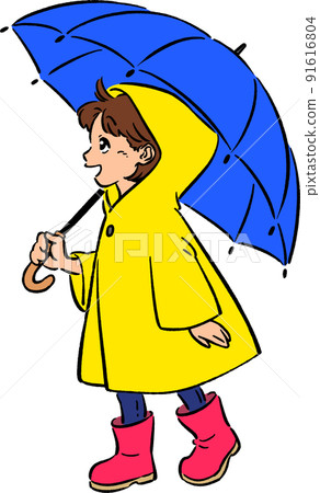 穿著雨衣的可愛女孩拿著雨傘手繪風格插圖素材 91616804