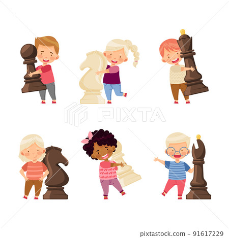 Cute little boys and girls playing big chess pieces set vector illustration 91617229