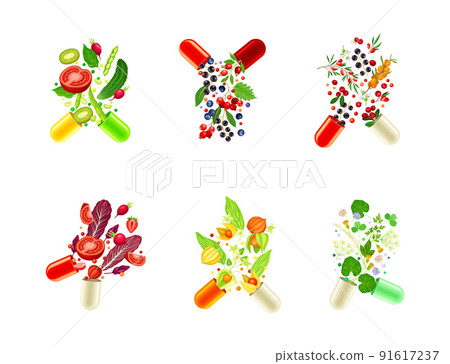 Vitamins and supplements set. Open capsules with vegetables, berries and herbs vector illustration 91617237