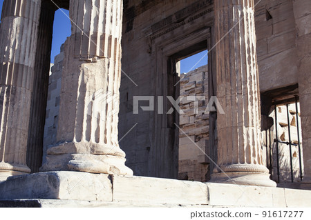 view on parthenone athens from small real parts, reconstruction in process close up 91617277