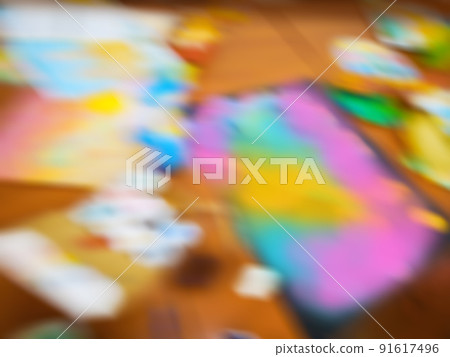 Drawing tools in art studio interior lit by sunlight blurred texture. Artistic drawing supplies blur defocus image. Drawing tools in art studio interior lit by sunlight blurred texture. Artistic drawing supplies blur defocus image. 91617496