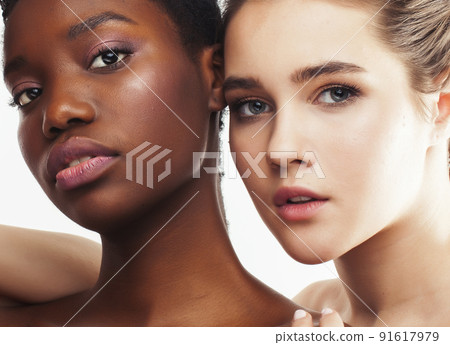 different nation woman: african-american and caucasian together isolated on white background happy smiling, diverse type on skin, lifestyle people concept close up 91617979