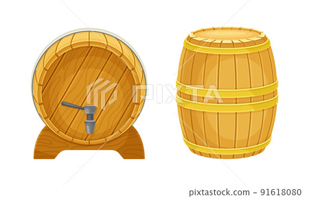 Wooden barrels set. Traditional oak cask with tap for wine, rum, beer, cognac, whiskey vector illustration Wooden barrels set. Traditional oak cask with tap for wine, rum, beer, cognac, whiskey vector illustration 91618080