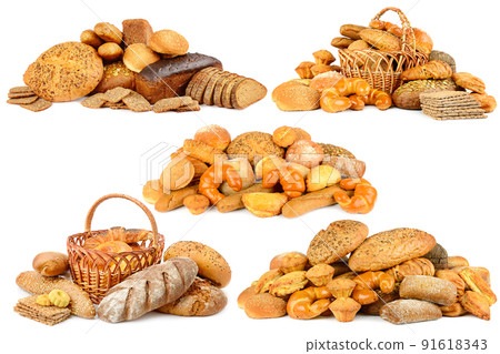 Big collection of fresh bakery products isolated on white Big collection of fresh bakery products isolated on white 91618343