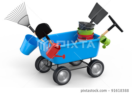 Garden wheelbarrow with garden tools like shovel, watering can and fork on white 91618388