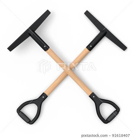 Set of crossed hoe with wooden stick for planting flowers on white background. 91618407