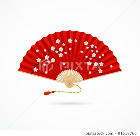Realistic Detailed 3d Red Folding Asian Hand Fan with Sakura Blossoms. Vector Realistic Detailed 3d Red Folding Asian Hand Fan with Sakura Blossoms. Vector 91618766