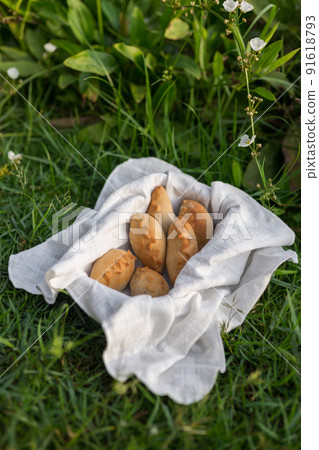 Composition of white flour buns in basket with white white cloth napkin on the green grass. High quality photo 91618793