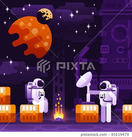 Astronauts in spacesuits on an alien planet are sitting by the bonfire 91619479