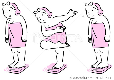 A fat woman riding a scale with a bath towel wrapped around her 91619574