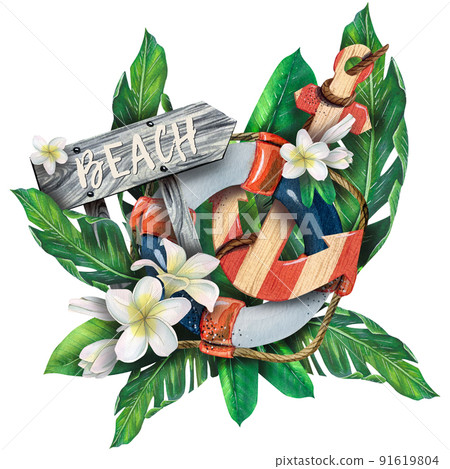 A lifebuoy, an anchor, a sign to the beach in tropical leaves and plumeria flowers. Watercolor. For decoration, decoration and design of postcards, souvenirs, paper, posters, stickers, banners 91619804