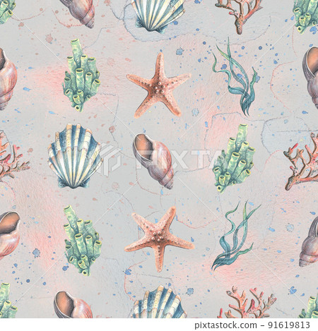 Watercolor illustration pattern starfish, shells, corals, jellyfish, seahorse, water, sea, ocean. 91619813