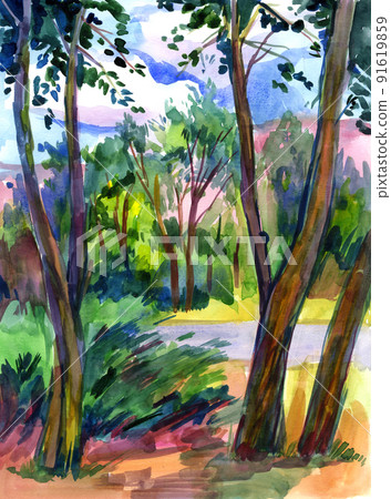 Landscape With Trees. Watercolor Drawing 91619859