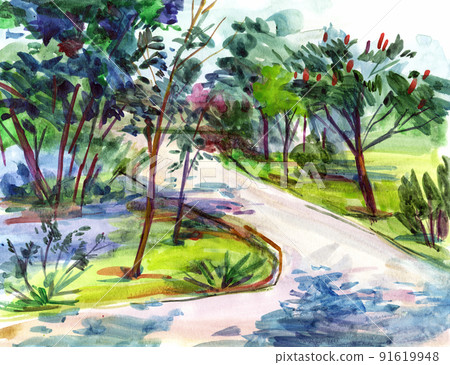 Landscape With Trees. Watercolor Drawing 91619948