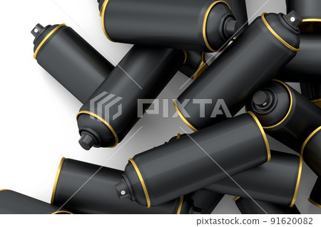 Lots of flying spray paint cans on white background. Spray bottle and dispenser Lots of flying spray paint cans on white background. Spray bottle and dispenser 91620082