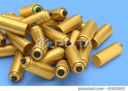 Lots of flying spray paint cans on blue background. Spray bottle and dispenser Lots of flying spray paint cans on blue background. Spray bottle and dispenser 91620083